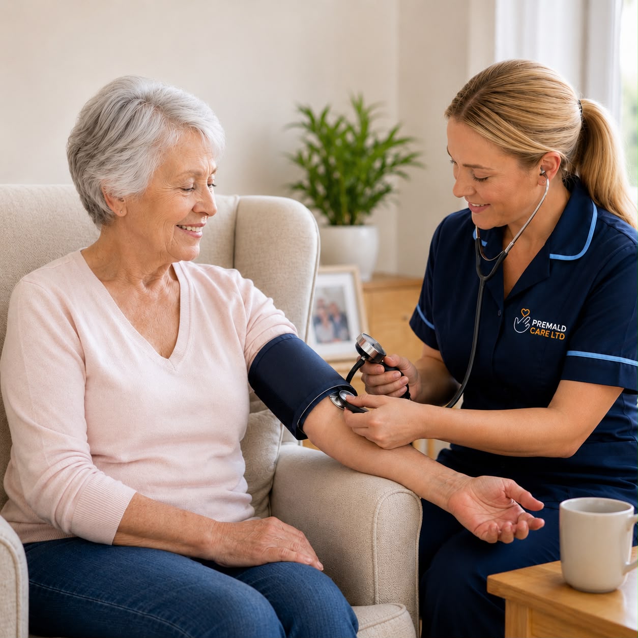 Premald Care carer checking an elderly client's blood pressure at home