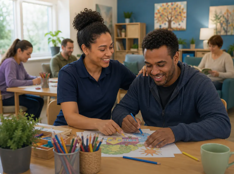Premald Care support worker helping a client with a creative activity at a community daycare centre