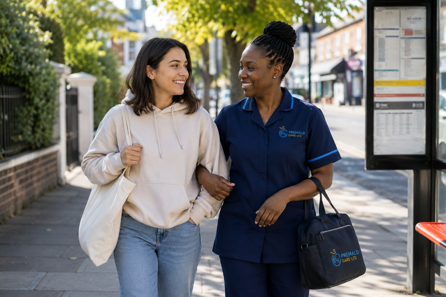 Premald Care outreach worker in navy uniform walking with a client on a local high street