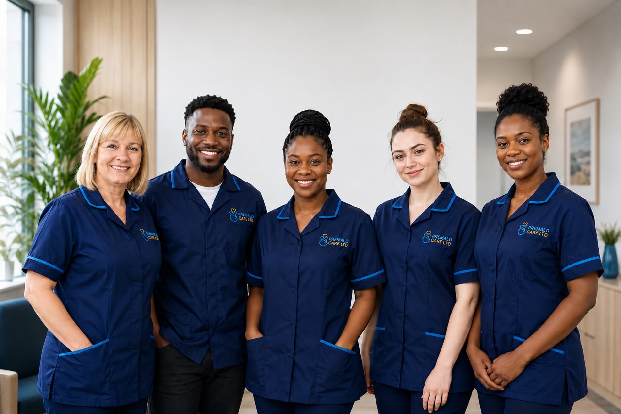 Five smiling Premald Care caregivers in navy uniforms