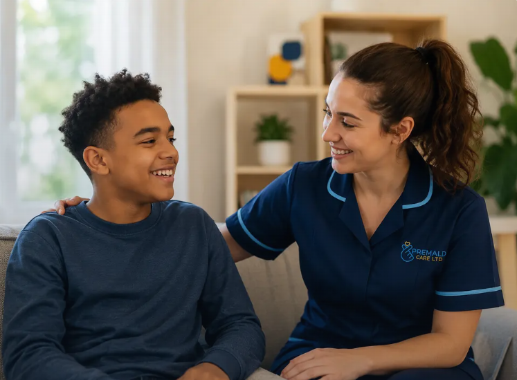 Premald Care support worker in navy uniform encouraging a young man in his own home
