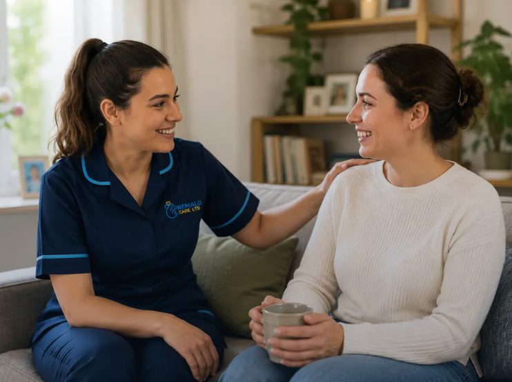 Premald Care live-in carer in navy uniform sitting and chatting with a client at home