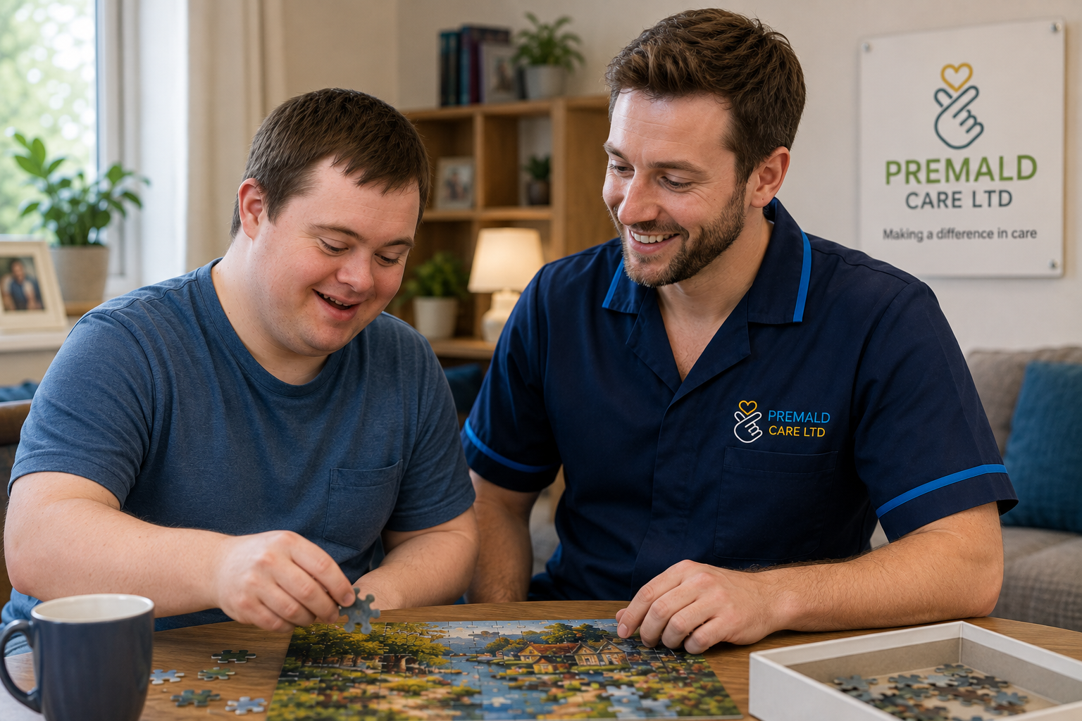 Premald Care support worker in navy uniform doing a jigsaw puzzle with a client at home