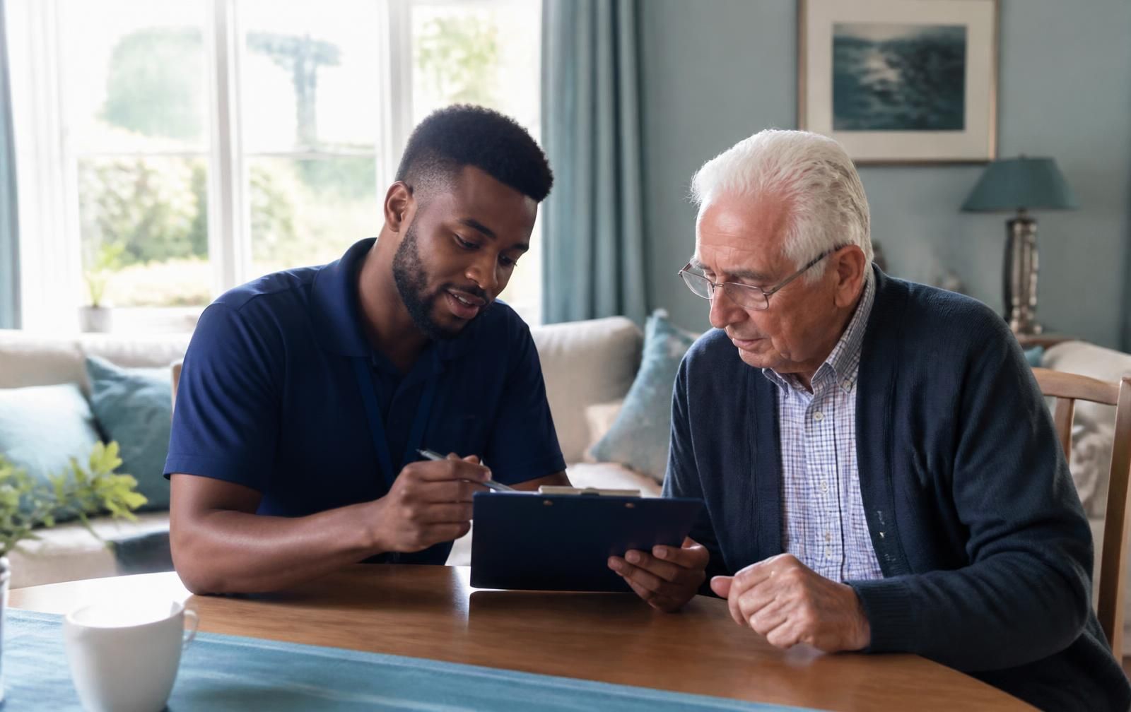 A care coordinator with a clipboard talking through home care options with an older man and his son in his living room