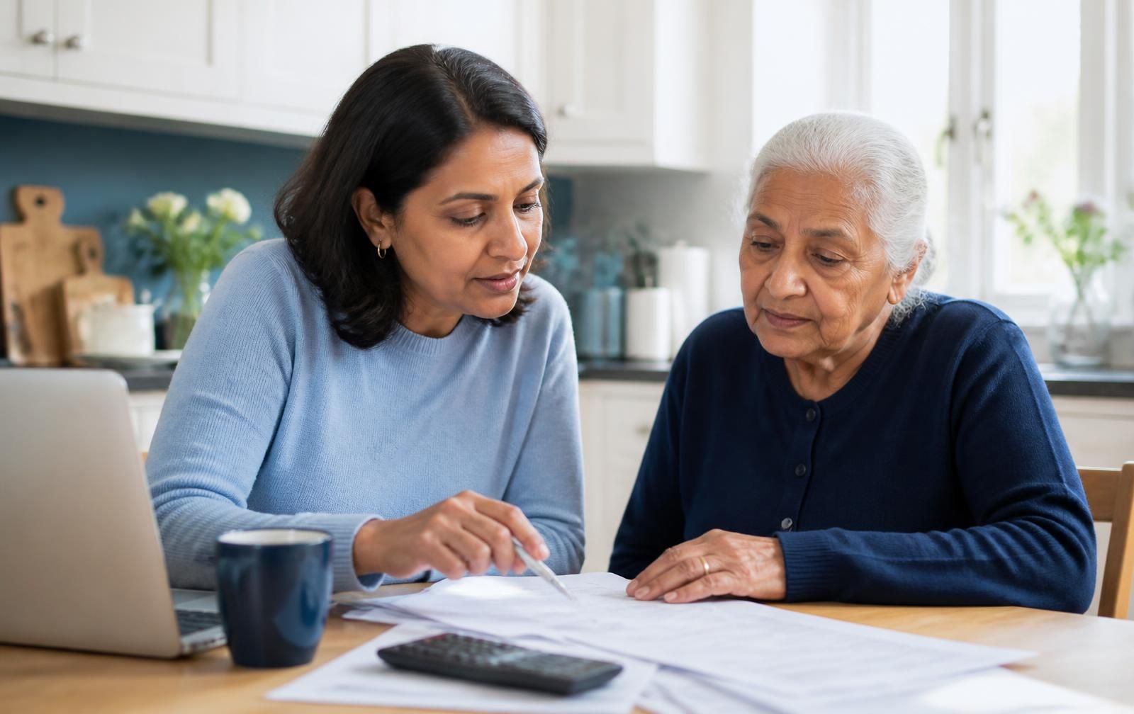 An older couple reviewing home care funding paperwork at their kitchen table with a care advisor