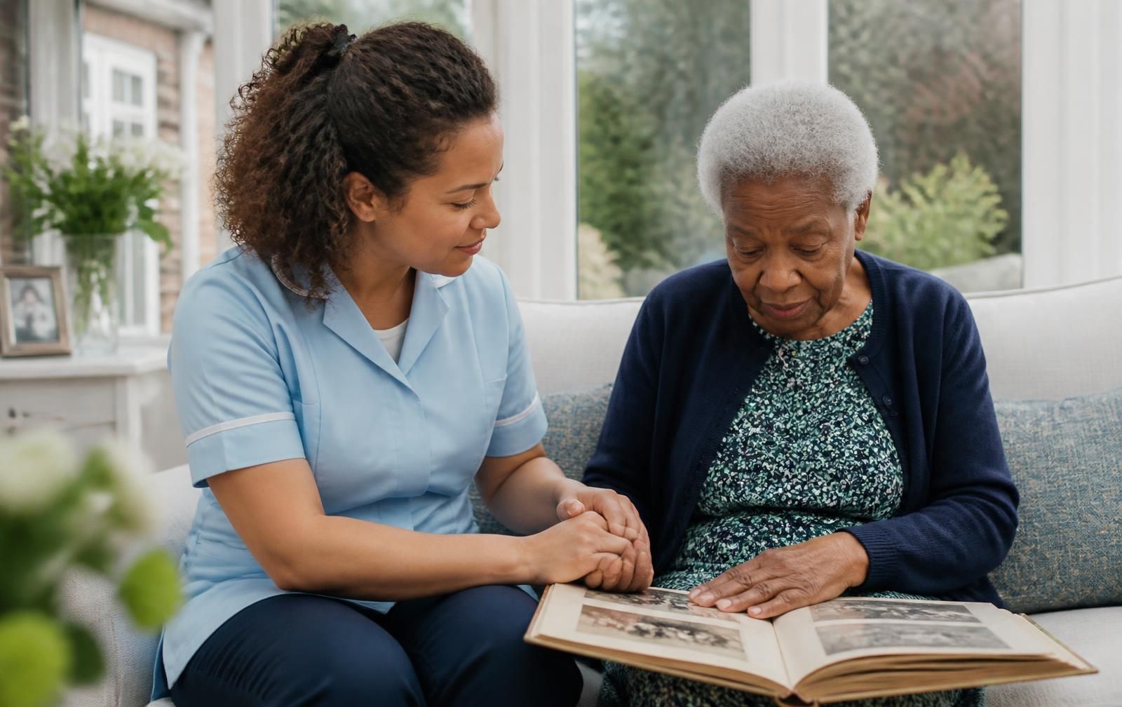 A calm carer holding the hand of an older man living with dementia in his familiar living room