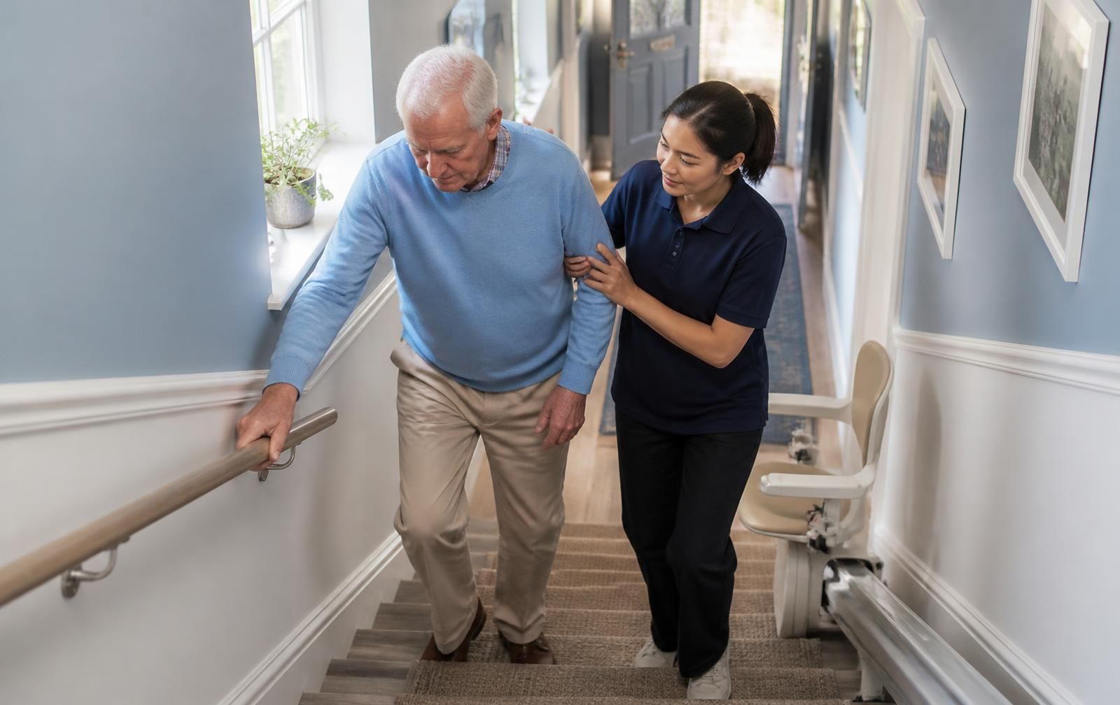 An older woman walking confidently along a well-lit hallway with a grab rail while a carer fits a rail in the bathroom