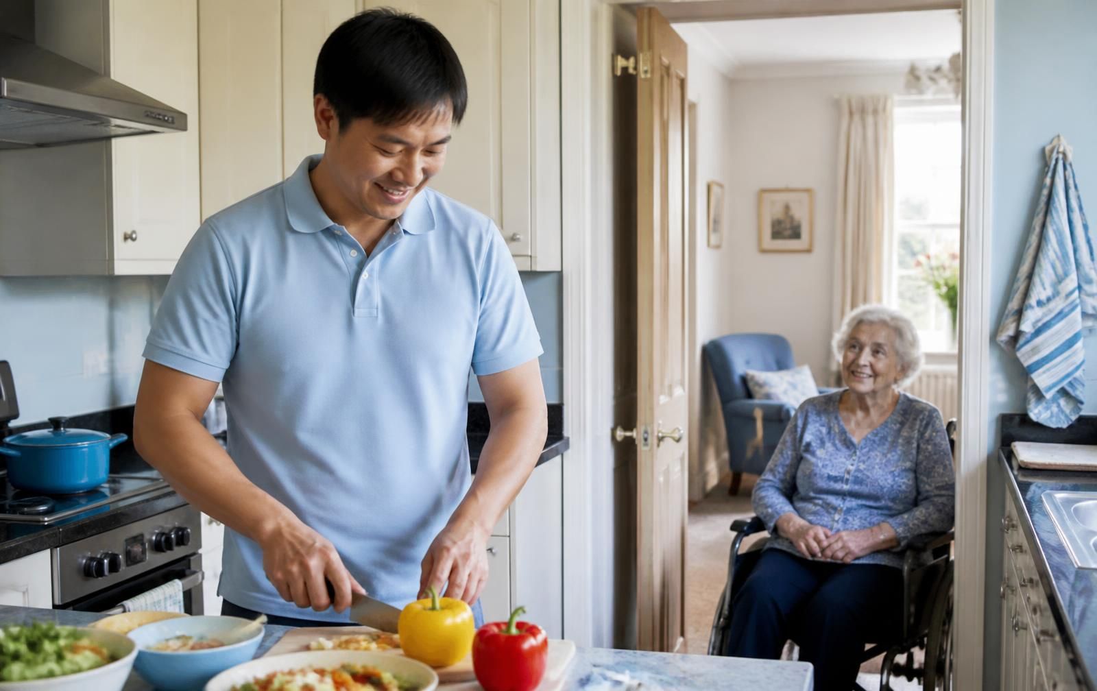 An older man relaxing in his own armchair at home while his live-in carer brings a cup of tea