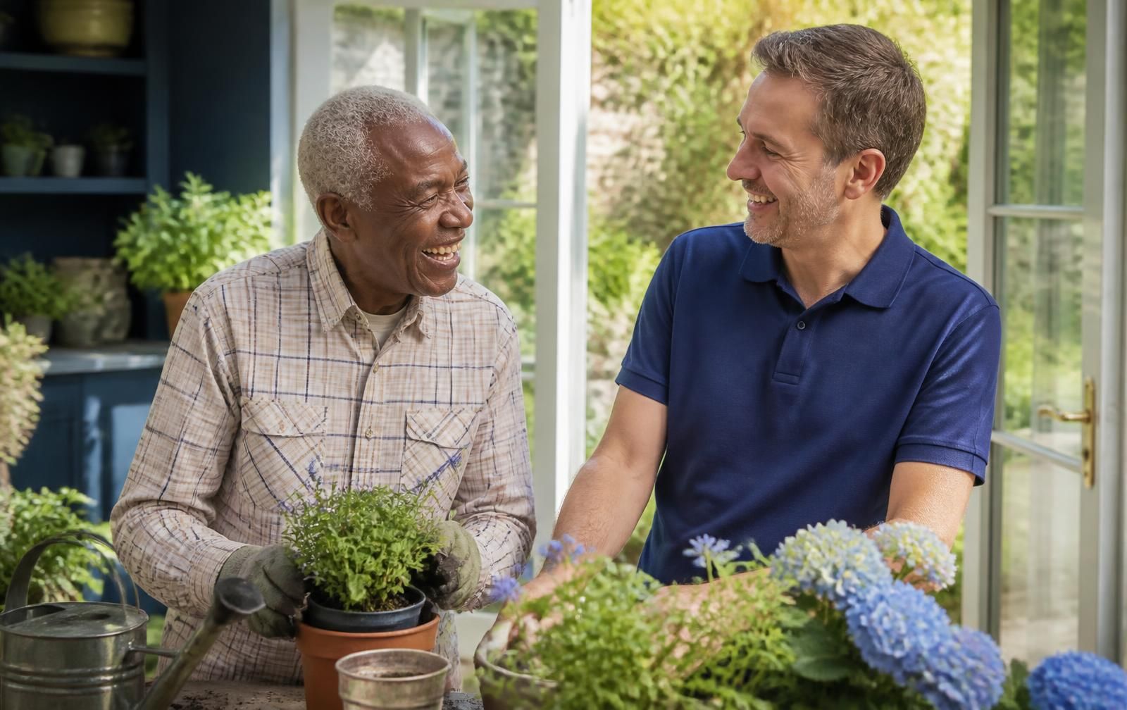 A carer and an older woman looking through a photo album together in a sunny garden