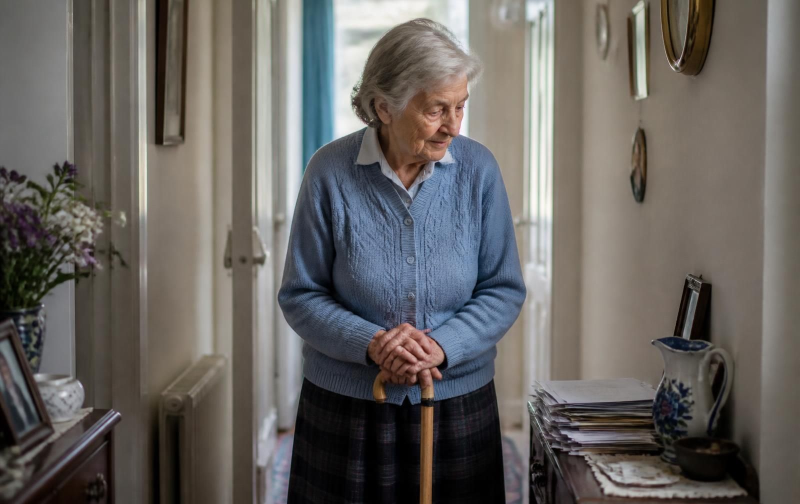 An older woman struggling to open a jar in her kitchen while her concerned adult daughter watches from the doorway